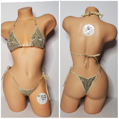 Glittery Light Gold w/ Rhinestone Details w/ Gold Glitter Trim Medium Coverage Top Scrunch Butt 2 Piece Micro String Bikini Set