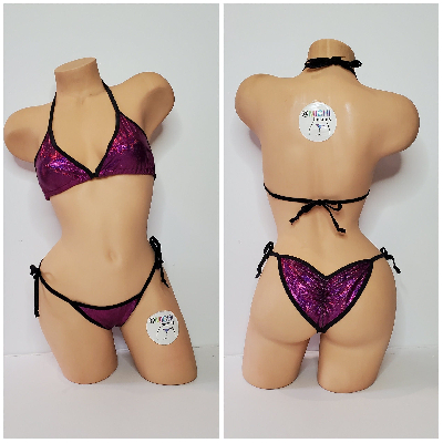 Holographic Magenta Pink with Black Trim 2 Piece Micro String Bikini Set One Size-0