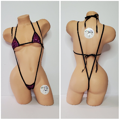 Holographic Magenta Pink with Black Trim 2 Piece Micro String Bikini Set One Size-2