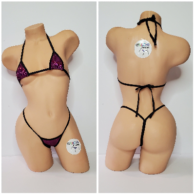 Holographic Magenta Pink with Black Trim 2 Piece Micro String Bikini Set One Size-3