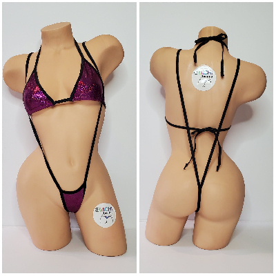 Holographic Magenta Pink with Black Trim 2 Piece Micro String Bikini Set One Size-4