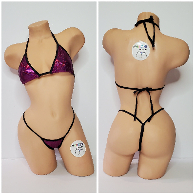 Holographic Magenta Pink with Black Trim 2 Piece Micro String Bikini Set One Size-5
