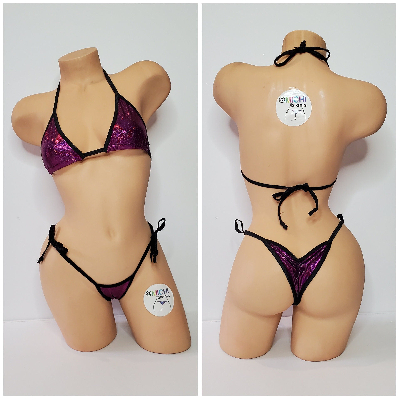 Holographic Magenta Pink with Black Trim 2 Piece Micro String Bikini Set One Size-6