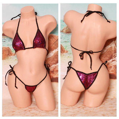 Holographic Magenta Pink with Black Trim 2 Piece Micro String Bikini Set One Size-9