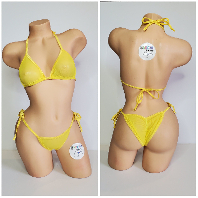 Yellow Mesh ***VERY SHEER*** with Your Choice Trim Color 2pc Bikini Set One Size-0