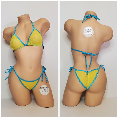 Yellow Mesh ***VERY SHEER*** with Your Choice Trim Color 2pc Bikini Set One Size-1