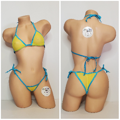 Yellow Mesh ***VERY SHEER*** with Your Choice Trim Color 2pc Bikini Set One Size-3