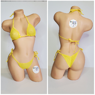 Yellow Mesh ***VERY SHEER*** with Your Choice Trim Color 2pc Bikini Set One Size-4