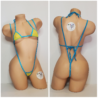 Yellow Mesh ***VERY SHEER*** with Your Choice Trim Color 2pc Bikini Set One Size-5