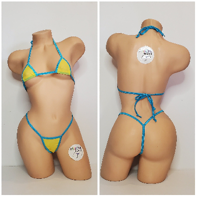 Yellow Mesh ***VERY SHEER*** with Your Choice Trim Color 2pc Bikini Set One Size-7