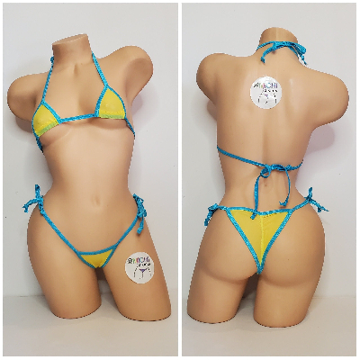 Yellow Mesh ***VERY SHEER*** with Your Choice Trim Color 2pc Bikini Set One Size-9