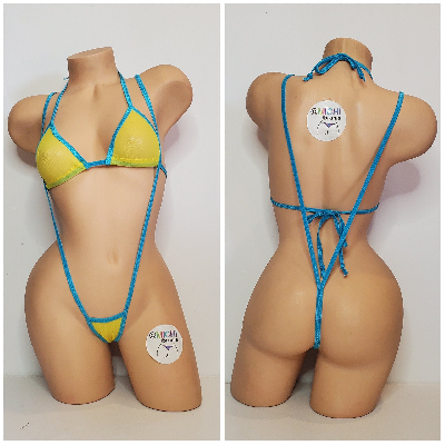 Yellow Mesh ***VERY SHEER*** with Your Choice Trim Color 2pc Bikini Set One Size-11