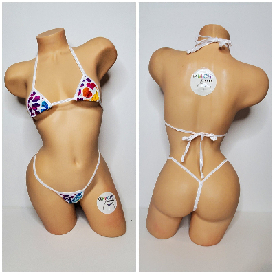 Multicolored Hearts on White w/ White Trim  2 Piece String Bikini Set One Size-4