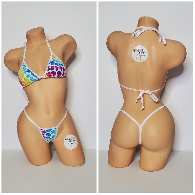 Multicolored Hearts on White w/ White Trim  2 Piece String Bikini Set One Size-6