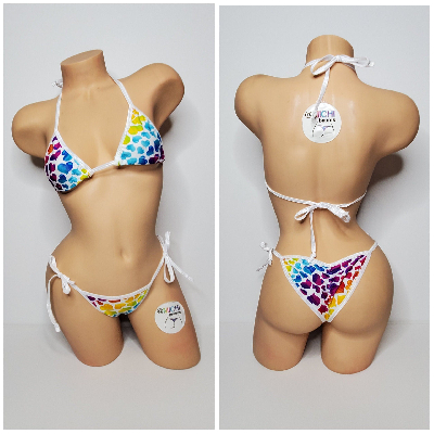 Multicolored Hearts on White w/ White Trim  2 Piece String Bikini Set One Size-8