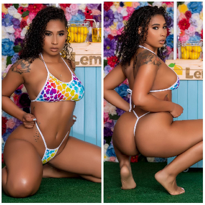Multicolored Hearts on White w/ White Trim  2 Piece String Bikini Set One Size-10