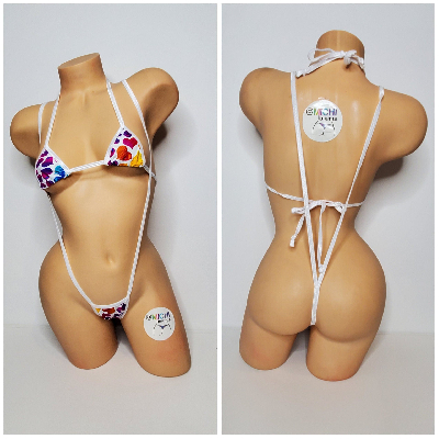 Multicolored Hearts on White w/ White Trim  2 Piece String Bikini Set One Size-11