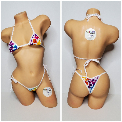 Multicolored Hearts on White w/ White Trim  2 Piece String Bikini Set One Size-12