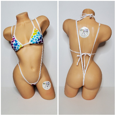 Multicolored Hearts on White w/ White Trim  2 Piece String Bikini Set One Size-13
