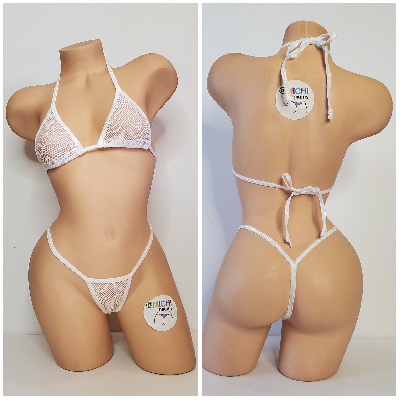White Small Hole Fishnet *VERY SHEER* with Your Choice Trim Color 2pc Micro Bikini Set-0