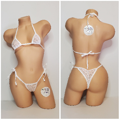 White Small Hole Fishnet *VERY SHEER* with Your Choice Trim Color 2pc Micro Bikini Set-2