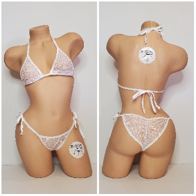 White Small Hole Fishnet *VERY SHEER* with Your Choice Trim Color 2pc Micro Bikini Set-5