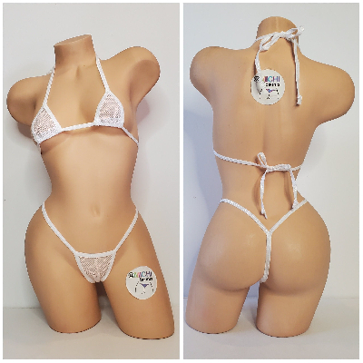White Small Hole Fishnet *VERY SHEER* with Your Choice Trim Color 2pc Micro Bikini Set-6