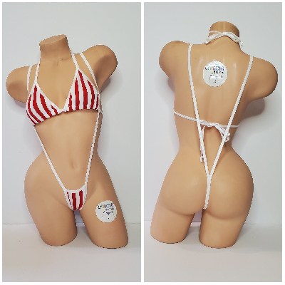Vertical Red and White Striped with White Trim  2 Piece Micro Bikini Set-0