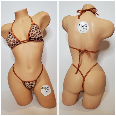 Brown Leopard Print Mesh ***VERY SHEER*** w/ Bronze Trim Micro 2pc  Bikini Set-1