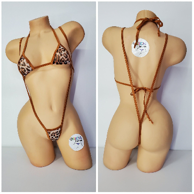 Brown Leopard Print Mesh ***VERY SHEER*** w/ Bronze Trim Micro 2pc  Bikini Set-3
