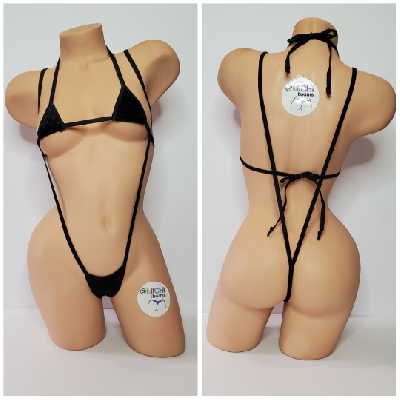 Black Velvet w Black Trim  2 Piece Micro String Bikini Set One Size-4