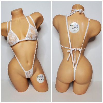 White Lace *Semi Sheer* with White Trim 2pc Bikini Set One Size-1