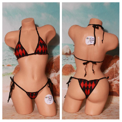 Harlequin Black & Red Diamonds w Black Trim  Bikini Set One Size-3