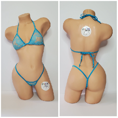 Neon Aqua Lace *VERY SHEER* w Neon Aqua Trim 2 Piece Micro Bikini Set-1