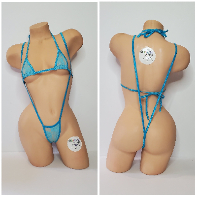 Neon Aqua Lace *VERY SHEER* w Neon Aqua Trim 2 Piece Micro Bikini Set-3