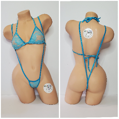 Neon Aqua Lace *VERY SHEER* w Neon Aqua Trim 2 Piece Micro Bikini Set-4