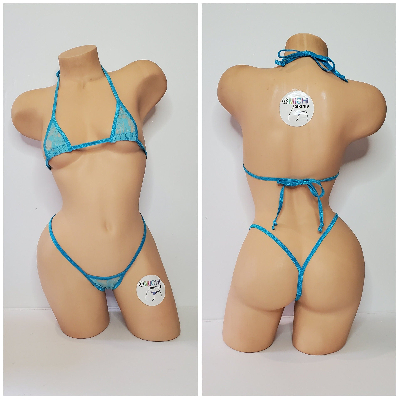Neon Aqua Lace *VERY SHEER* w Neon Aqua Trim 2 Piece Micro Bikini Set-5
