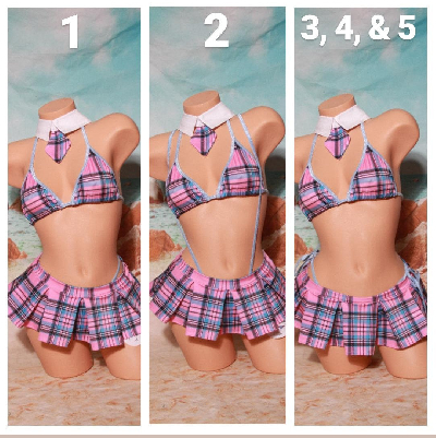 Baby Blue & Baby Pink Plaid w/ Baby Blue Trim Sexy School Girl Costume Pleaded Skirt 5 Piece Set-0