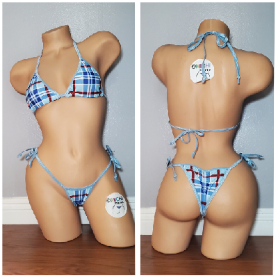 Baby Blue & Red Plaid Pattern w/ Baby Blue Trim  2 Piece Micro Bikini Set One Size-0
