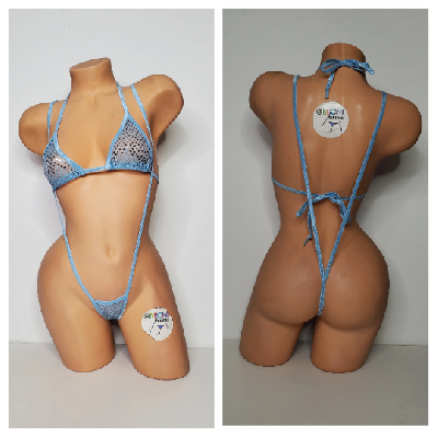 Baby Blue Sequin (Semi Sheer) Your Choice Trim Color Micro String Bikini Set One Size-3