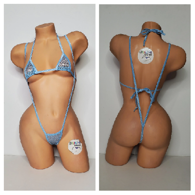 Baby Blue Sequin (Semi Sheer) Your Choice Trim Color Micro String Bikini Set One Size-5