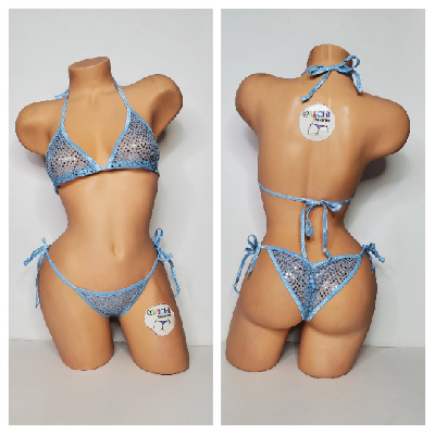 Baby Blue Sequin (Semi Sheer) Your Choice Trim Color Micro String Bikini Set One Size-6