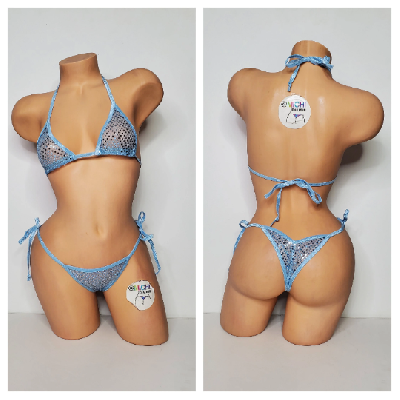 Baby Blue Sequin (Semi Sheer) Your Choice Trim Color Micro String Bikini Set One Size-7