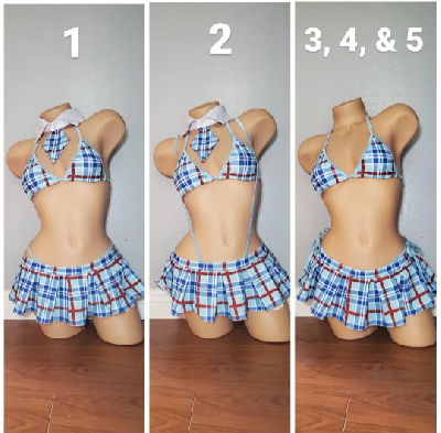 Baby Blue, Red, & White Plaid w/ Baby Blue Trim Sexy School Girl Costume Pleaded Skirt 5 Piece Set-1
