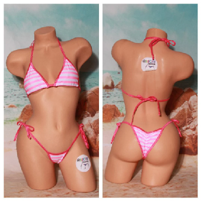Baby Pink and White Striped with Your Choice Trim Color 2 Piece Micro Bikini Set-12