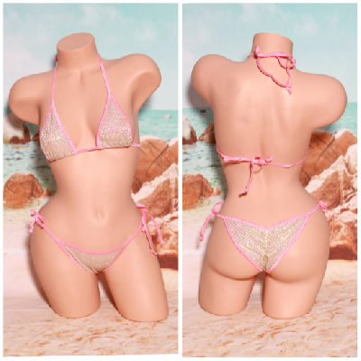 Champagne Mesh w Pink Iridescent Sequins w Baby Pink Trim 2 Piece Micro String Bikini Set One Size-3
