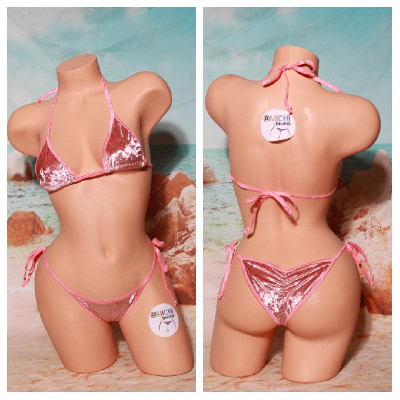 Baby Pink Crushed Velvet Stretch Fabric w Baby Pink Trim 2 Piece Micro Bikini Set-4