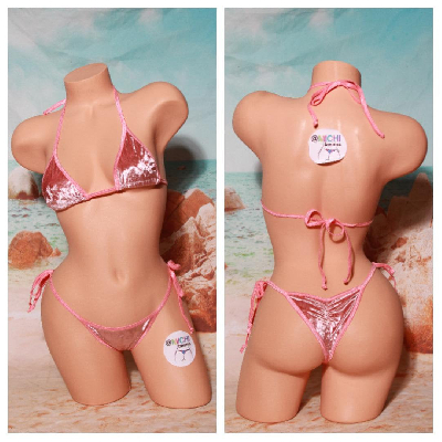 Baby Pink Crushed Velvet Stretch Fabric w Baby Pink Trim 2 Piece Micro Bikini Set-5