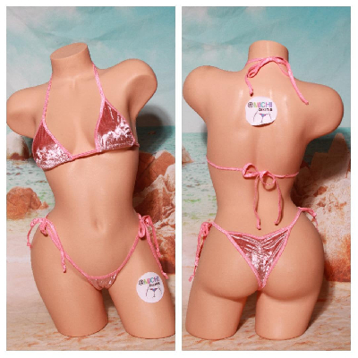 Baby Pink Crushed Velvet Stretch Fabric w Baby Pink Trim 2 Piece Micro Bikini Set-6