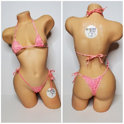 Baby Pink Lace *VERY SHEER* w Baby Pink Trim Bikini 2 Piece Set One Size-0
